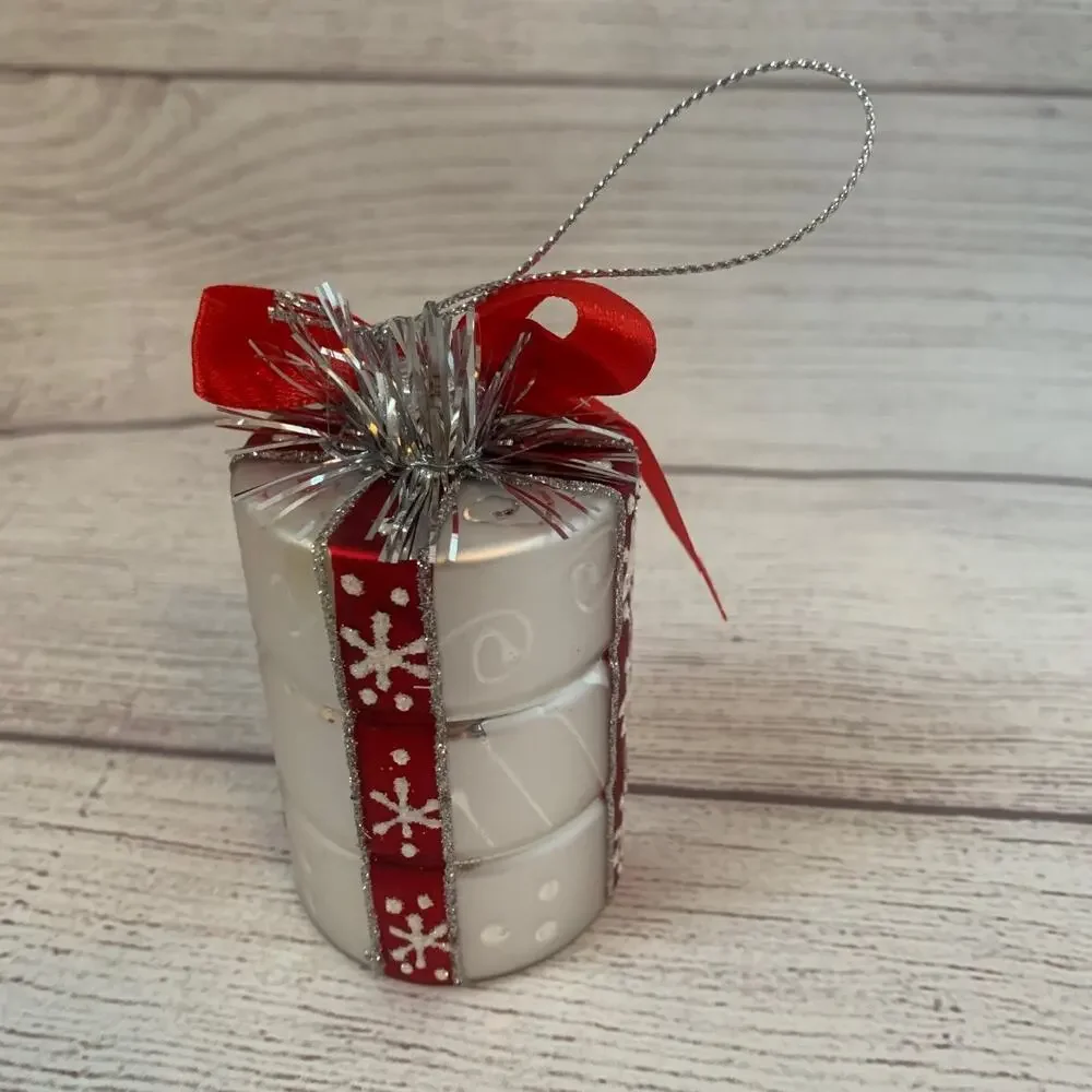 Glass Present Christmas Ornament Silver Stacked Gift Box Red Ribbon Tinsel 4